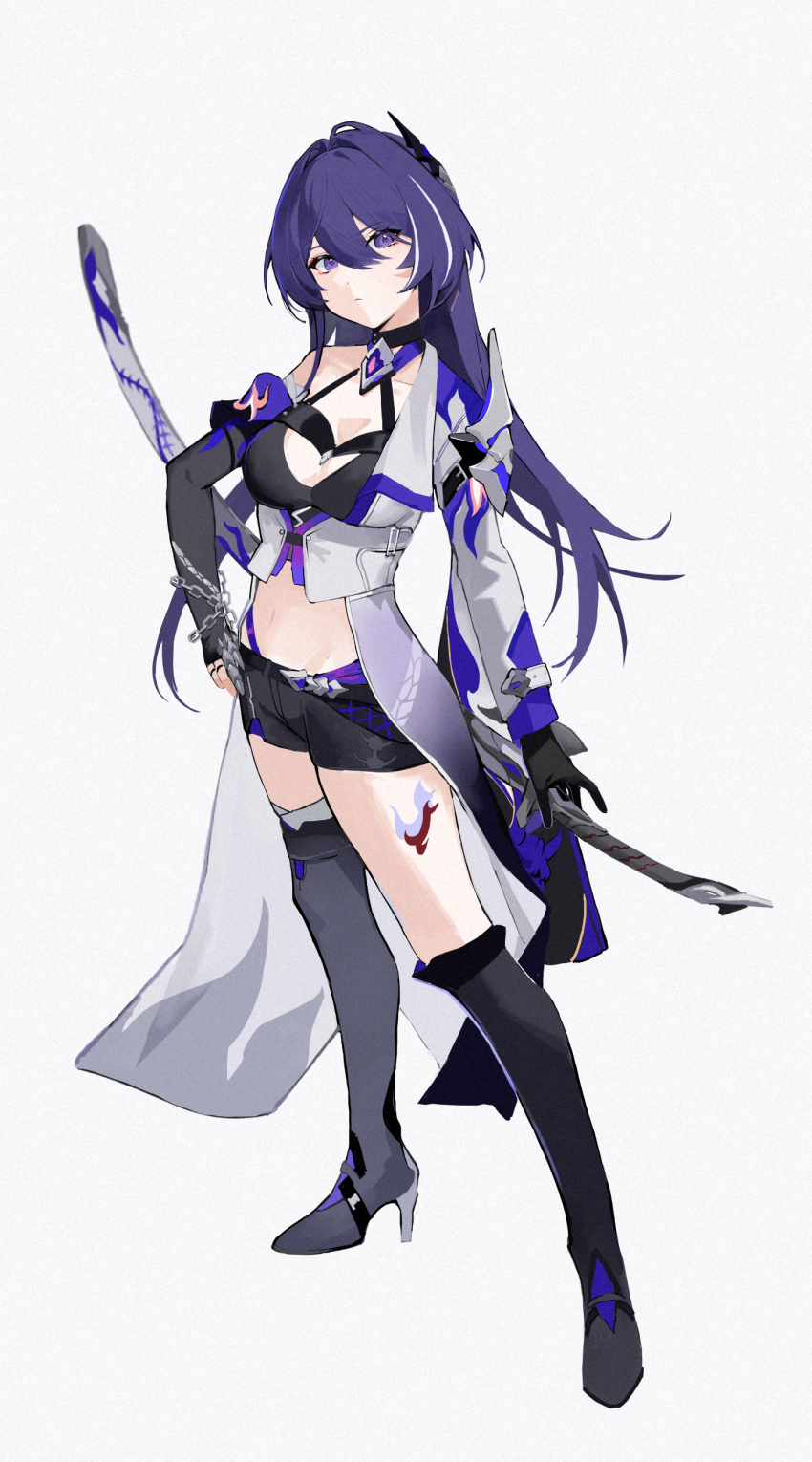 1girl, absurdres, acheron_(honkai:_star_rail), black_boots, black_choker, black_gloves, boots, choker