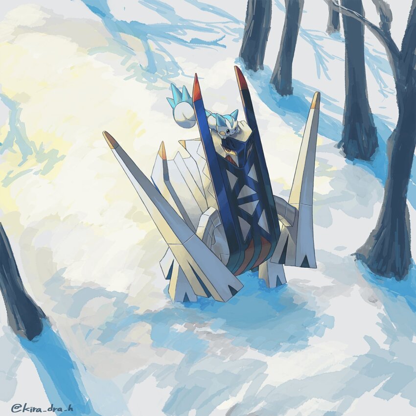 archaludon, colored_sclera, colored_skin, dragon, forest, gen_4_pokemon, grey_armor, grey_skin