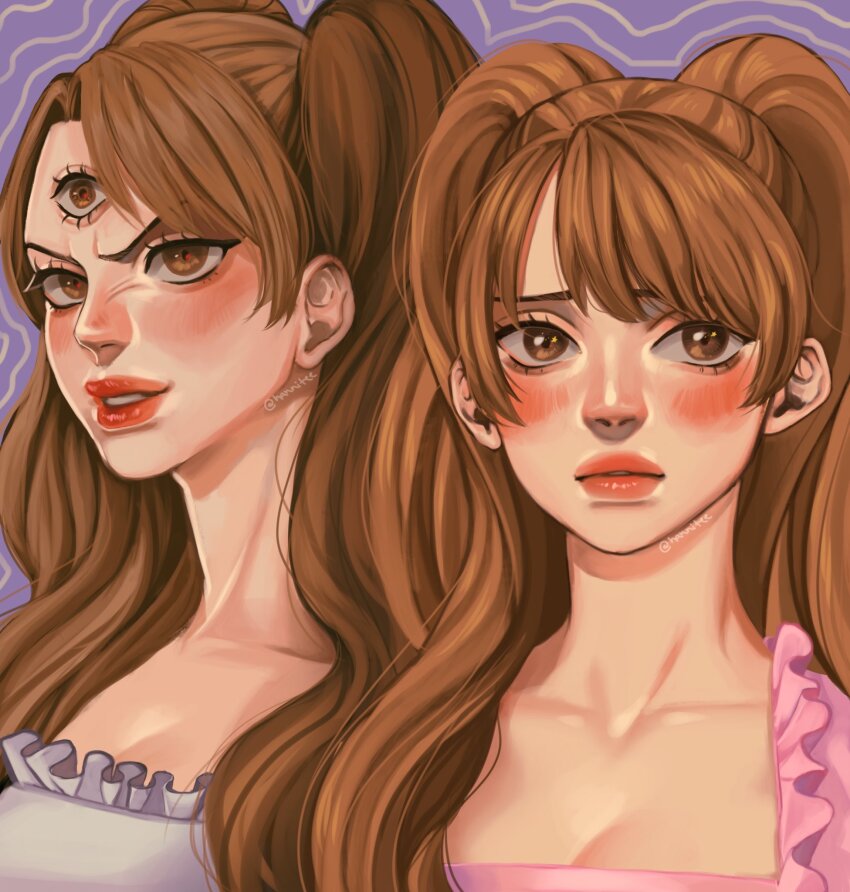 1girl, artist_name, blush, brown_eyes, brown_hair, charlotte_pudding, dress, embarrassed