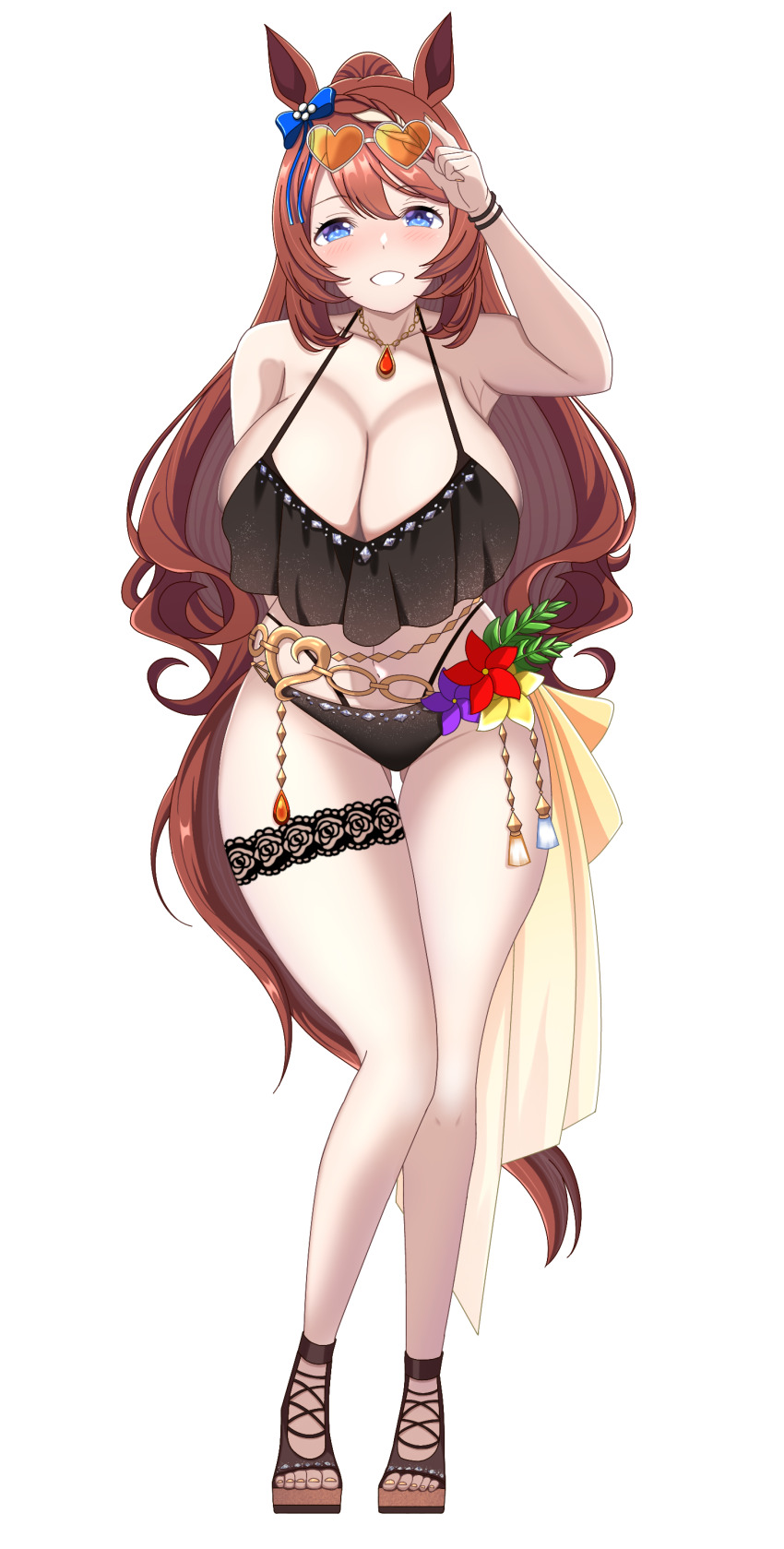 1girl, absurdres, amadeus_(amadeus08462844), animal_ears, bikini, black_bikini, black_sandals, blue_eyes, bracelet, breasts, brown_hair, chain, cleavage, commentary_request, cosplay, ear_ornament, eyewear_on_head, feet, flower, full_body, gluteal_fold, gold_chain, hair_between_eyes, hair_flower, hair_ornament, heart, heart-shaped_eyewear, highres, horse_ears, horse_girl, horse_tail, jewelry, legs, long_hair, maruzensky_(hot_summer_night)_(umamusume), maruzensky_(umamusume), maruzensky_(umamusume)_(cosplay), medium_breasts, nail_polish, official_alternate_costume, one_eye_closed, sandals, simple_background, solo, sunglasses, super_creek_(umamusume), swimsuit, tail, umamusume, white_background