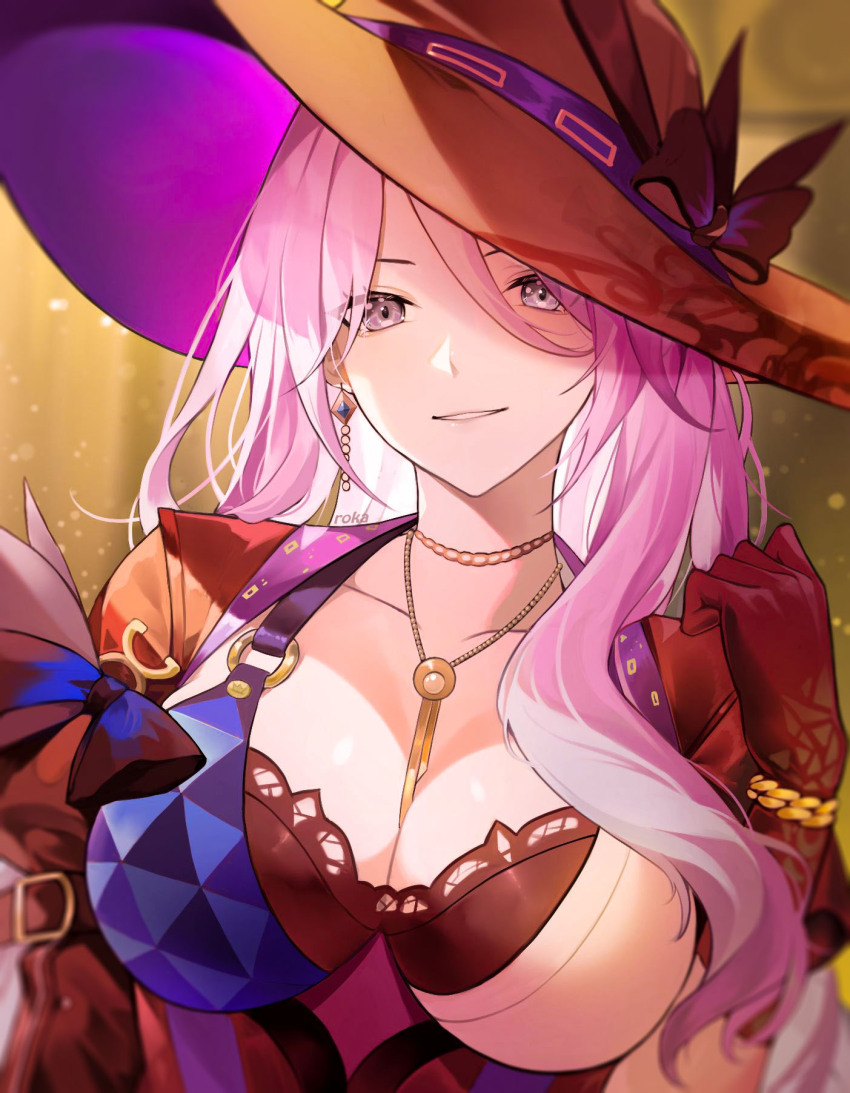 1girl, black_bra, black_gloves, bow, bra, breasts, cleavage, collarbone, earrings, gloves, grey_eyes, hat, hat_bow, highres, honkai:_star_rail, honkai_(series), jade_(honkai:_star_rail), jewelry, large_breasts, long_hair, looking_at_viewer, necklace, pink_hair, smile, teeth, underwear, upper_body, zenata_roka