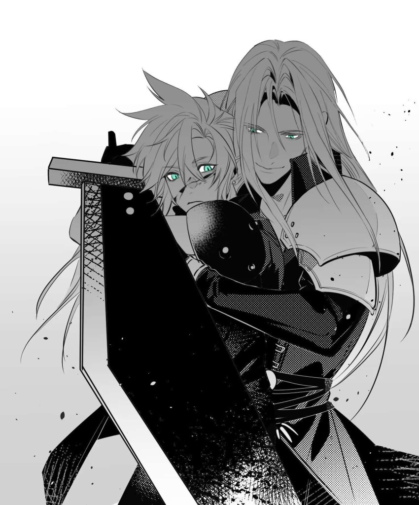 2boys, armor, black_gloves, blood, buster_sword, cloud_strife, dapanggezilan, final_fantasy, final_fantasy_vii, gloves, glowing, glowing_eyes, green_eyes, greyscale, highres, holding, holding_sword, holding_weapon, hug, long_hair, male_focus, monochrome, multiple_boys, possessed, possession, sephiroth, shirt, short_hair, shoulder_armor, slit_pupils, smile, spiked_hair, sword, weapon