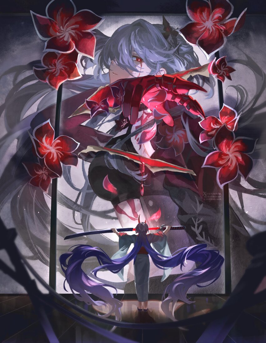 2girls, acheron_(honkai:_star_rail), acheron_(izumo)_(honkai:_star_rail), artist_name, black_choker, blood, bloody_tears, body_markings