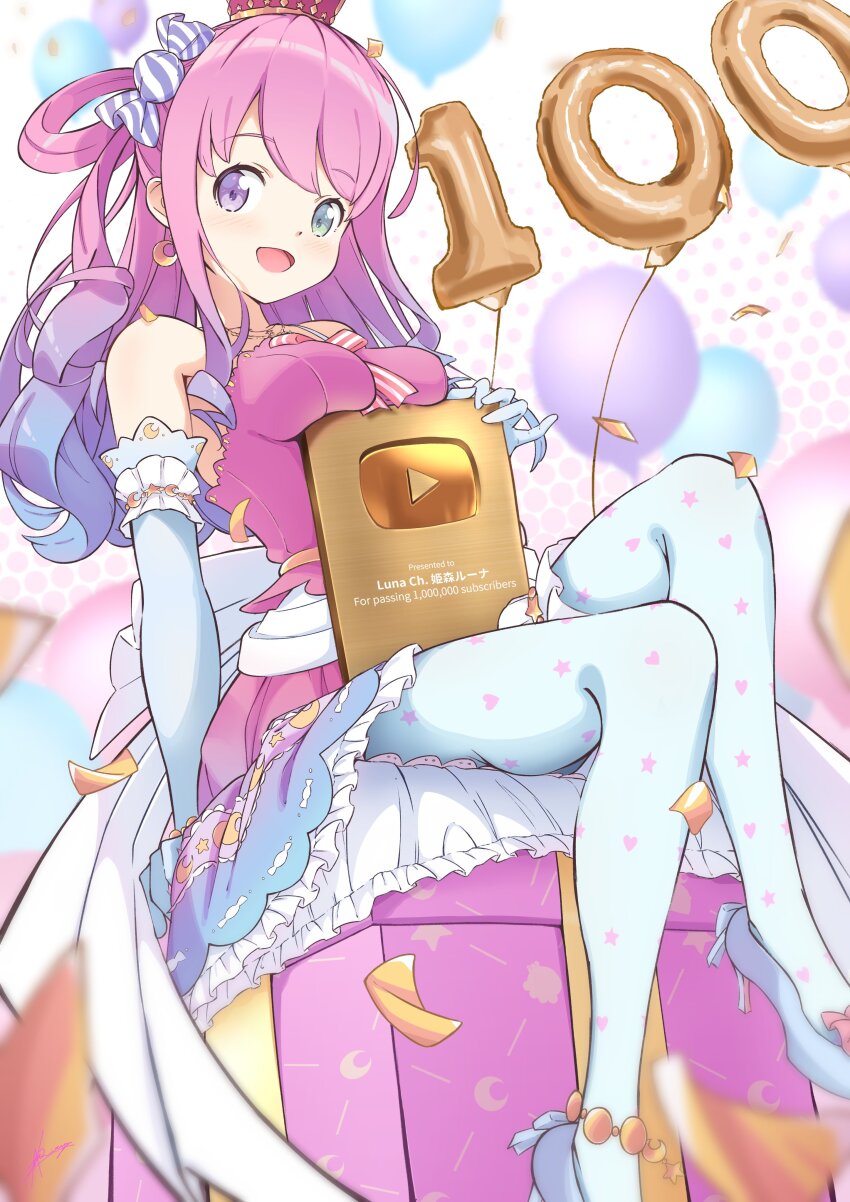 absurdres, akichazuke, anklet, back_bow, bare_shoulders, blue_footwear, blue_gloves, blue_hair