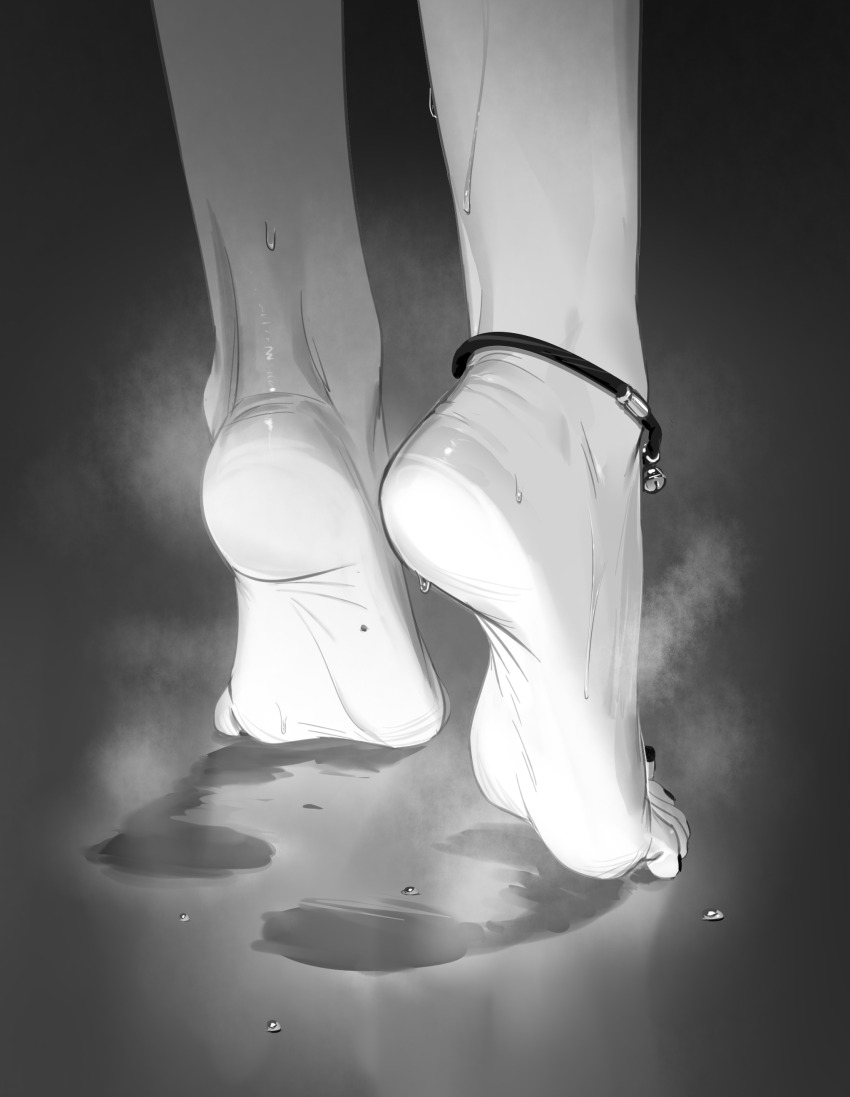 1girl, absurdres, anklet, barefoot, dark-skinned_female, dark_skin, feet, highres, jewelry, light-skinned_soles, monochrome, qiu_shu, soles, steam, sweat, toes