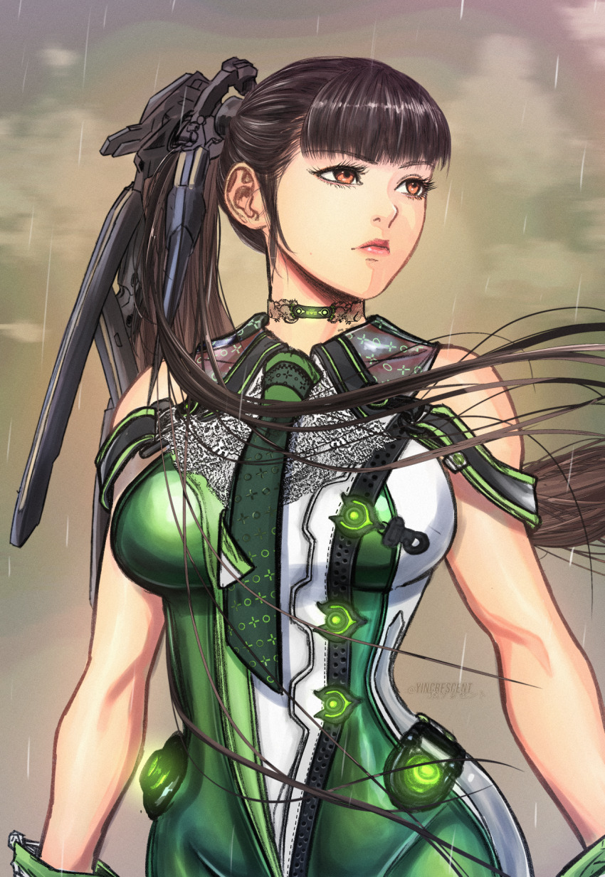 1girl, black_hair, black_necktie, blunt_bangs, bodysuit, breasts, brown_eyes, cloud