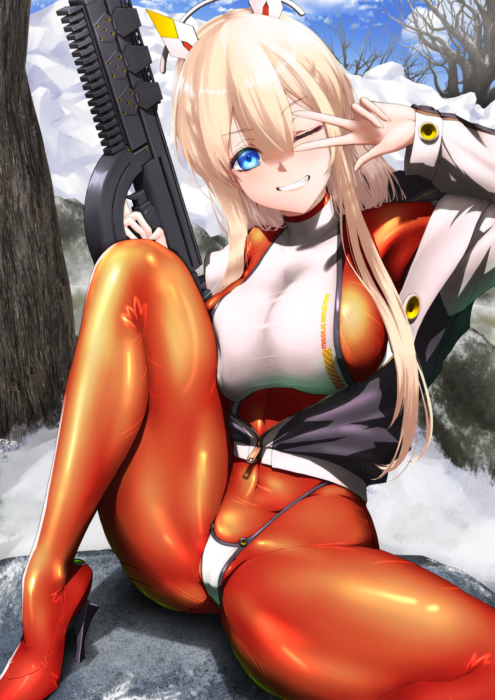 1girl, bare_tree, bikini, bikini_bottom_only, bikini_over_clothes, blonde_hair, blue_eyes, bodysuit