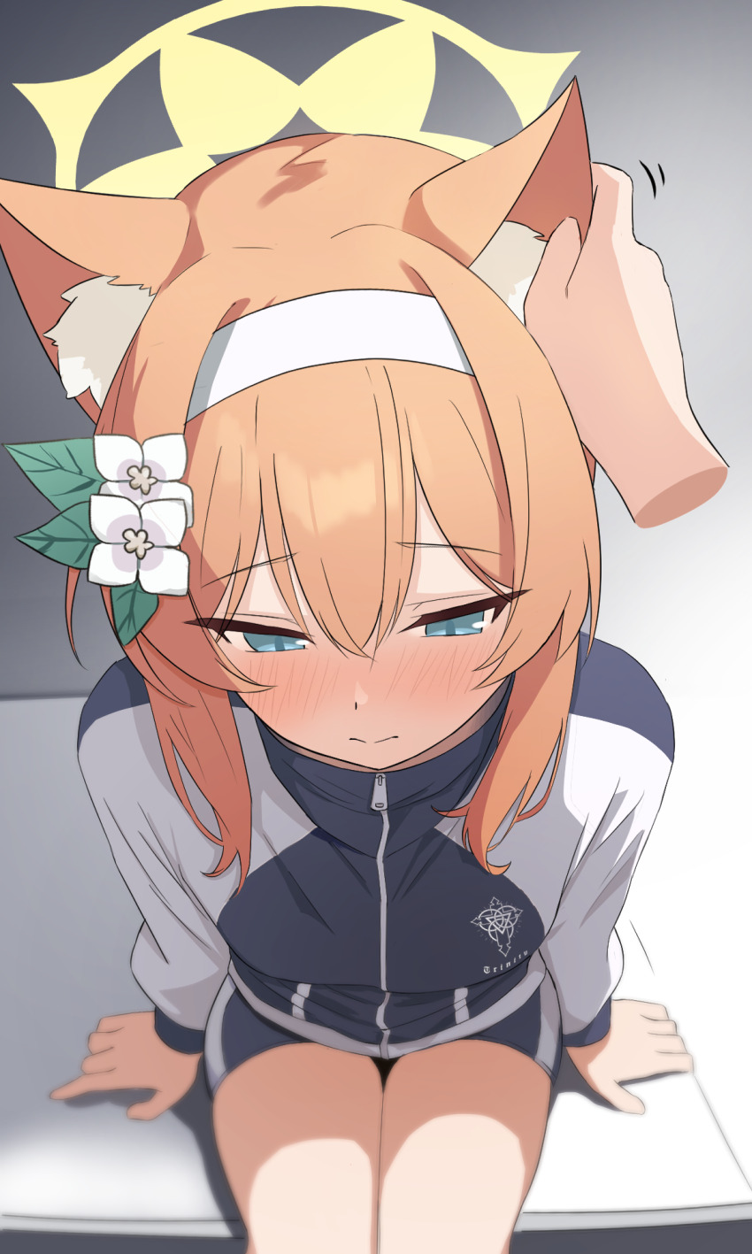 1girl, 1other, animal_ear_fluff, animal_ears, arm_support, arms_at_sides, blue_archive, blue_eyes