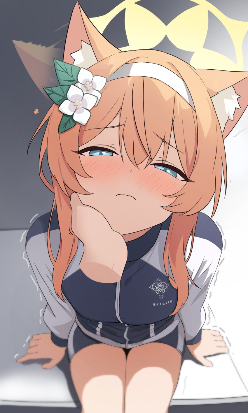 1girl, 1other, animal_ear_fluff, animal_ears, arm_support, arms_at_sides, blue_archive, blue_eyes, blush, closed_mouth, commentary, disembodied_hand, ear_wiggle, embarrassed, foreshortening, fox_ears, from_above, genso_(thereisnosauce), gym_shorts, hair_between_eyes, hairband, half-closed_eyes, halo, hand_on_another's_chin, heart, highres, jacket, light_frown, long_sleeves, looking_at_viewer, looking_up, mari_(blue_archive), mari_(track)_(blue_archive), nose_blush, official_alternate_costume, orange_hair, petting, pov, pov_hands, shorts, solo_focus, thighs, track_jacket, trembling, white_hairband