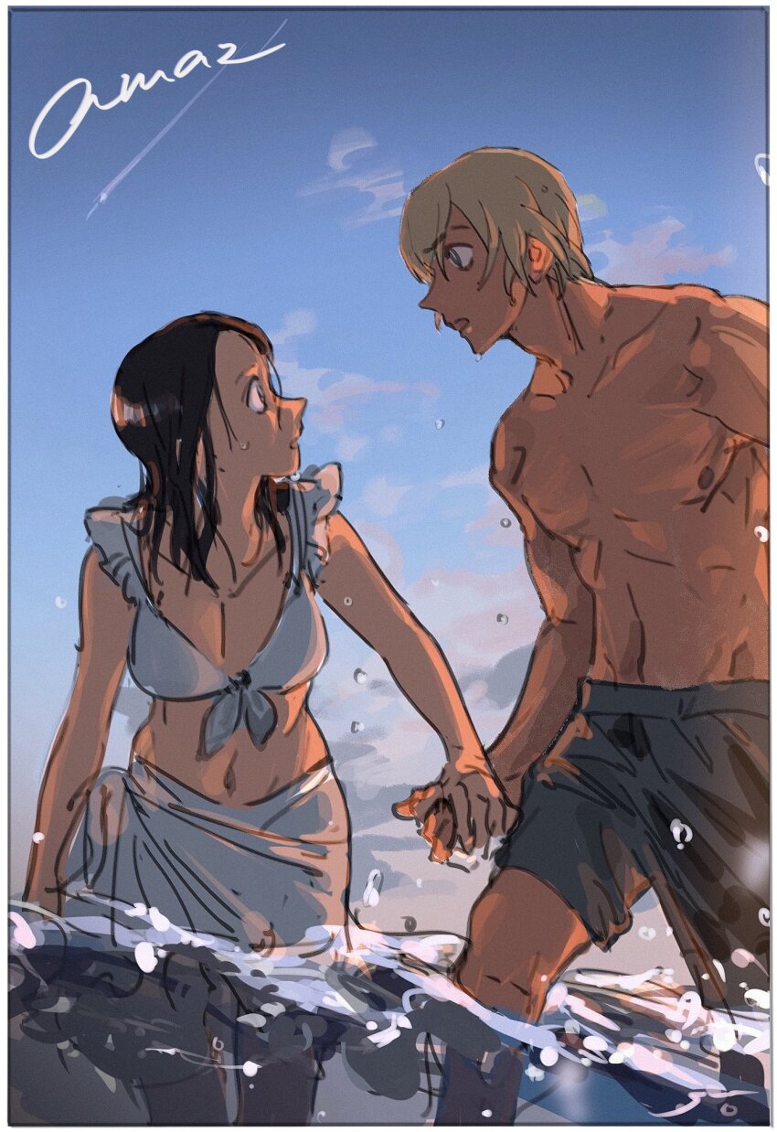 1boy, 1girl, amuro_tooru, bikini, black_shorts, blonde_hair, enomoto_azusa, highres