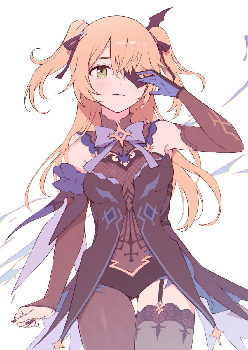 1girl, black_bodysuit, black_gloves, black_nails, black_ribbon, blonde_hair, blue_gloves, bodysuit, bow, bowtie, breasts, brown_sleeves, closed_mouth, cowboy_shot, detached_sleeves, eyepatch, fischl_(genshin_impact), garter_straps, genshin_impact, gloves, green_eyes, grey_bow, grey_bowtie, grey_thighhighs, hair_ribbon, highres, long_hair, long_sleeves, nagahara_yuki, nail_polish, ribbon, single_glove, single_leg_bodysuit, single_thighhigh, small_breasts, solo, standing, thighhighs, twintails, two-tone_gloves