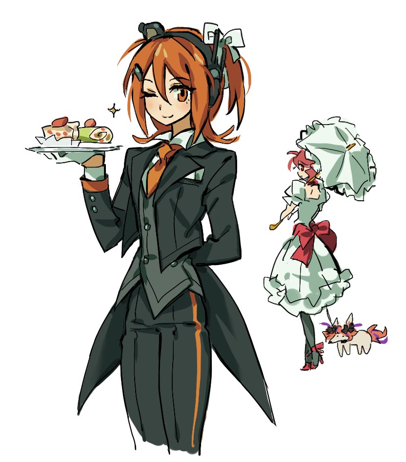 2girls, a.i._voice, adachi_rei, alternate_costume, animalization, arm_behind_back, back_bow, black_coat