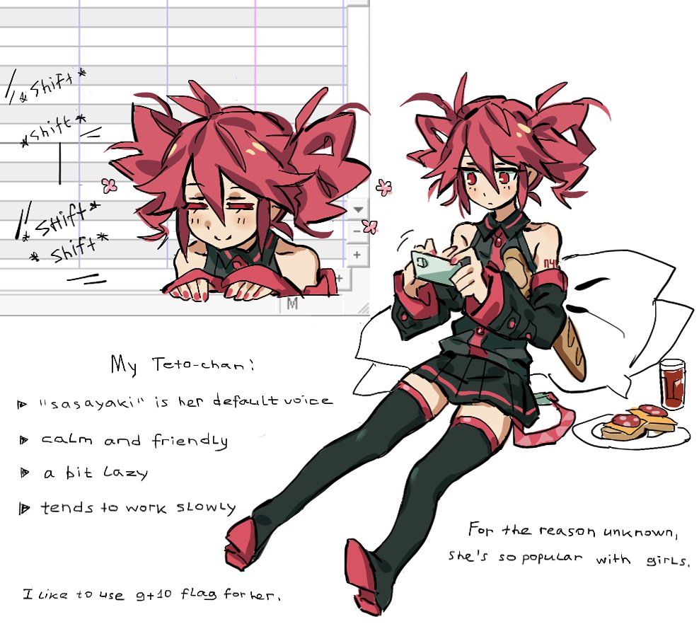 1girl, =_=, baguette, bare_shoulders, black_footwear, black_shirt, black_skirt, black_sleeves