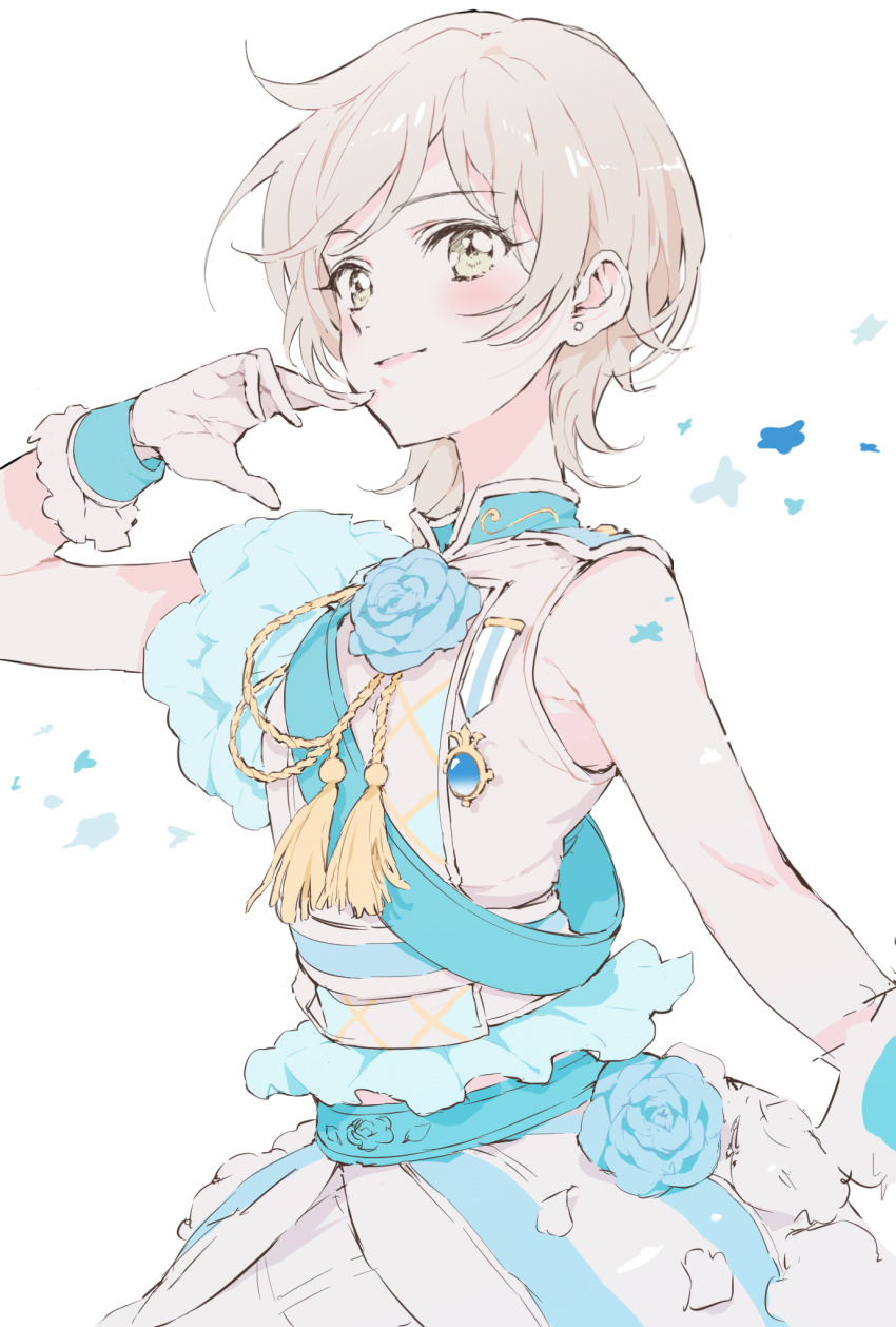 1girl, aikatsu!_(series), aikatsu_stars!, bare_arms, blue_flower, blue_gem, blue_rose, closed_mouth, earrings, flower, gem, grey_eyes, grey_hair, highres, jacket, jewelry, kizaki_rei, military_uniform, nagahara_yuki, petals, rose, short_hair, sleeveless, sleeveless_jacket, smile, solo, white_background, white_jacket, wrist_cuffs