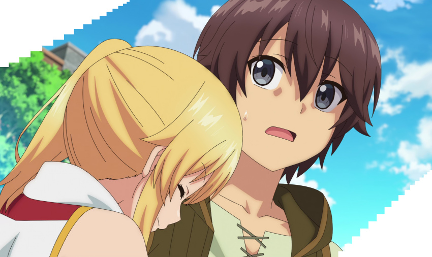 1boy, 1girl, blonde_hair, brown_hair, closed_eyes, emma_brightness, grey_eyes, happy
