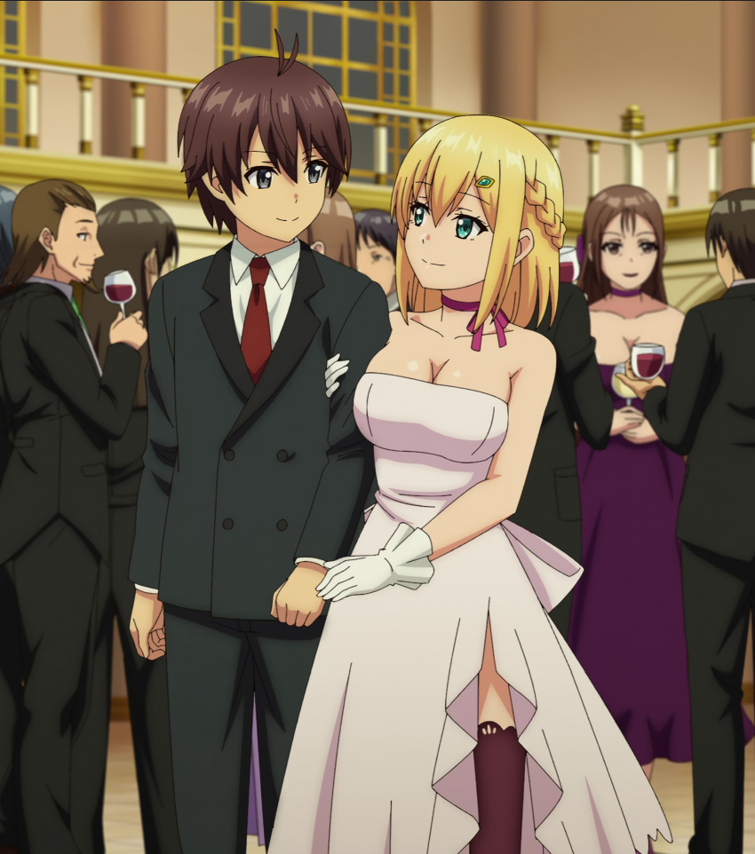 1boy, 1girl, alternate_costume, alternate_hairstyle, arm_hug, blonde_hair, braid, breasts, brown_hair, cleavage, crowd, dress, emma_brightness, gloves, green_eyes, grey_eyes, happy, highres, large_breasts, legs, looking_at_another, medium_hair, necktie, noir_(ore_dake_haireru_kakushi_dungeon), official_alternate_costume, ore_dake_haireru_kakushi_dungeon, pants, party, short_hair, side_ponytail, smile, stitched, thighs, third-party_edit