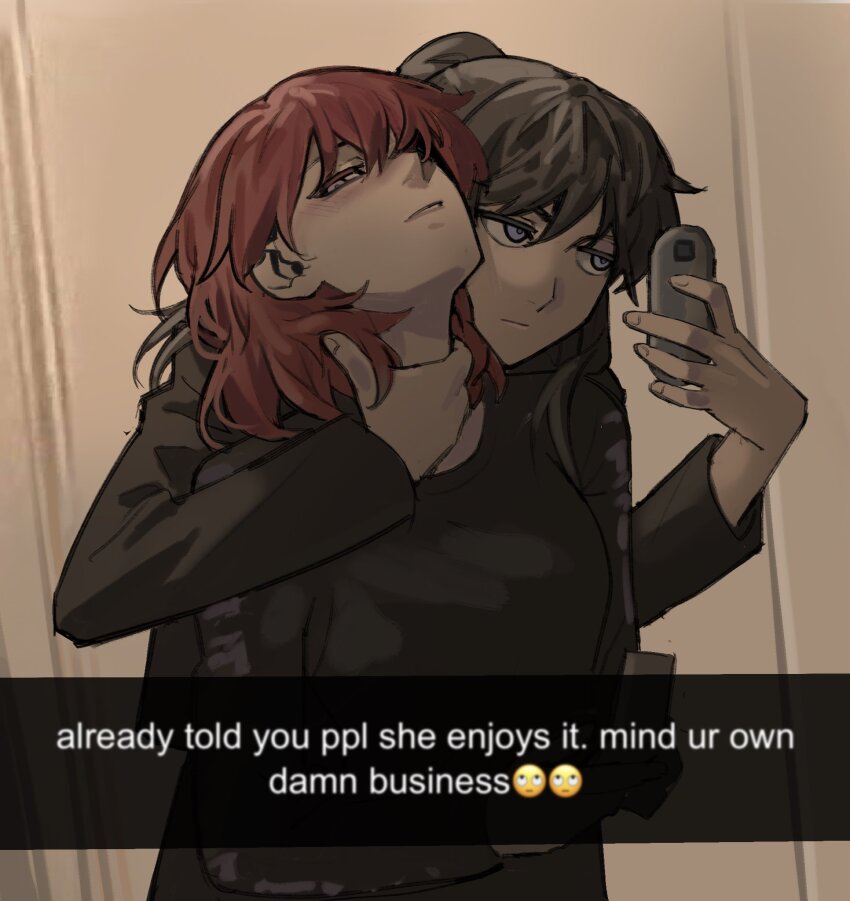 2girls, ari_(class_of_09), blue_eyes, blush, brown_hair, bugs_bug_me, class_of_09, closed_mouth, english_text, half-closed_eyes, highres, holding, holding_phone, medium_hair, multiple_girls, nicole_(class_of_09), parted_lips, phone, red_hair, throat_grab, yuri