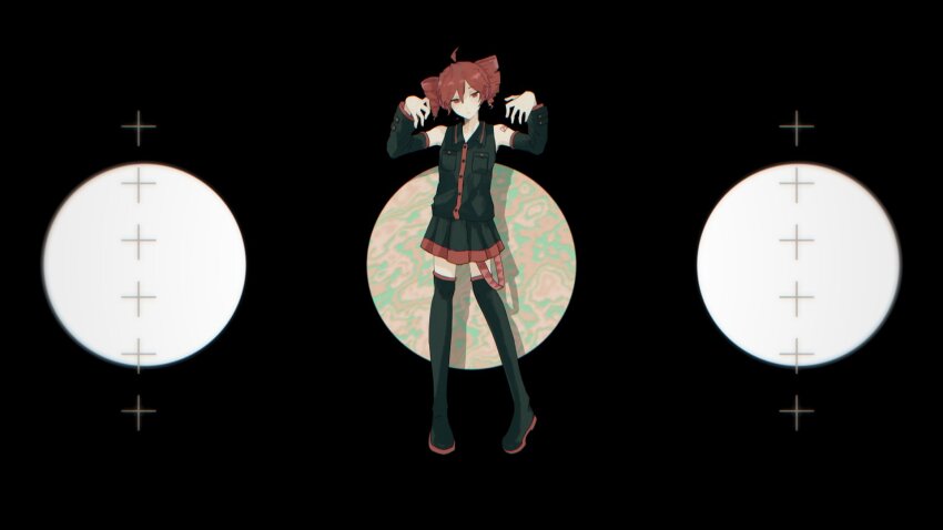 1girl, ahoge, bare_shoulders, black_background, black_boots, black_shirt, black_skirt, boots