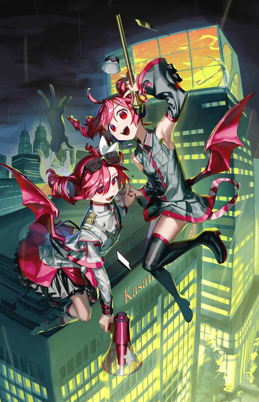 2girls, absurdres, ahoge, arm_up, armpits, black_footwear, black_shirt, black_skirt