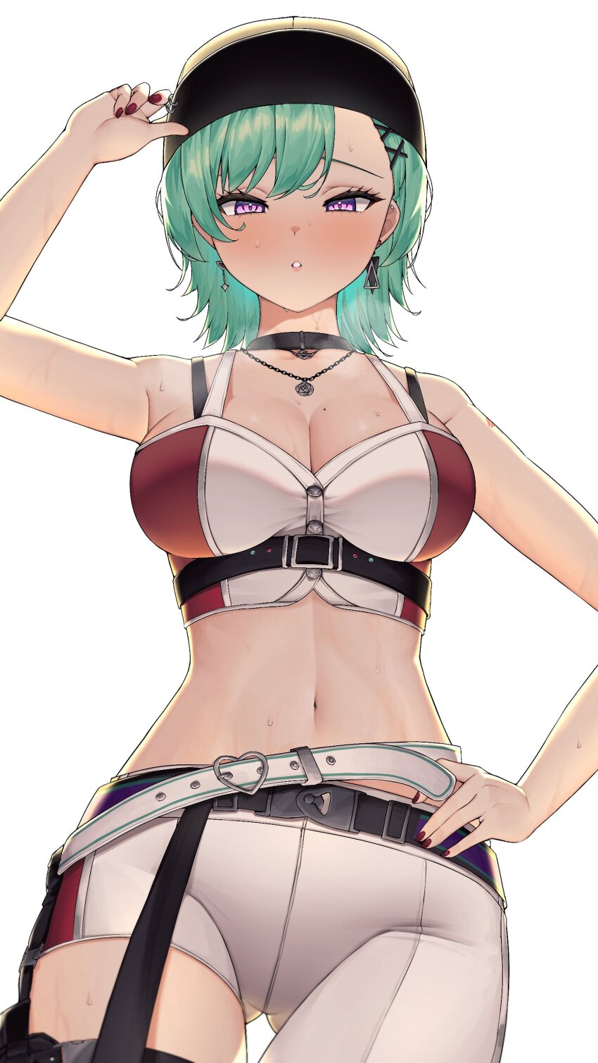 1girl, :o, absurdres, amatou_(ko_me_9), asymmetrical_pants, bare_shoulders, baseball_cap, belt