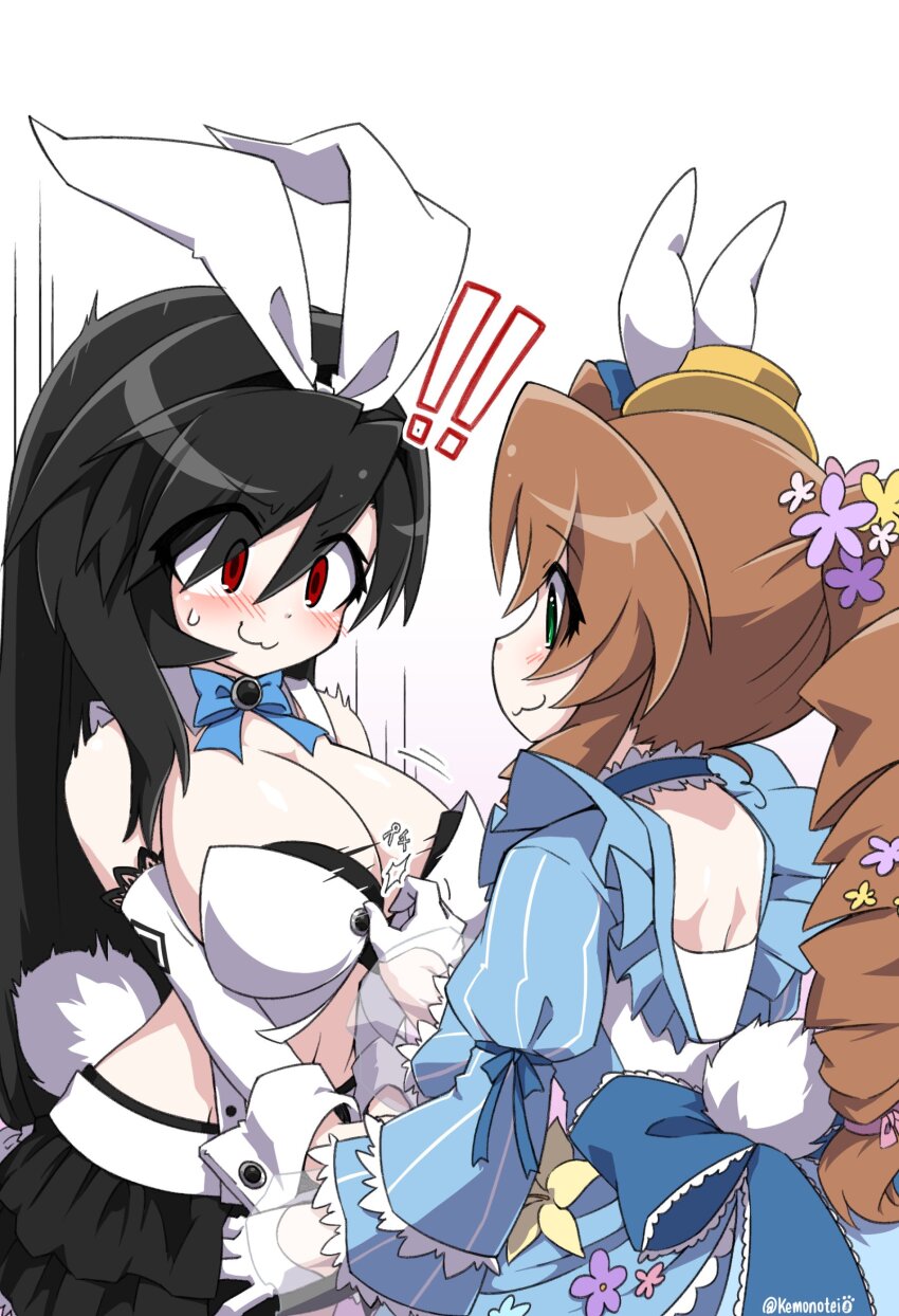 2girls, :3, absurdres, aerith_gainsborough, aerith_gainsborough_(classic_coney), animal_ears, black_hair, blue_dress