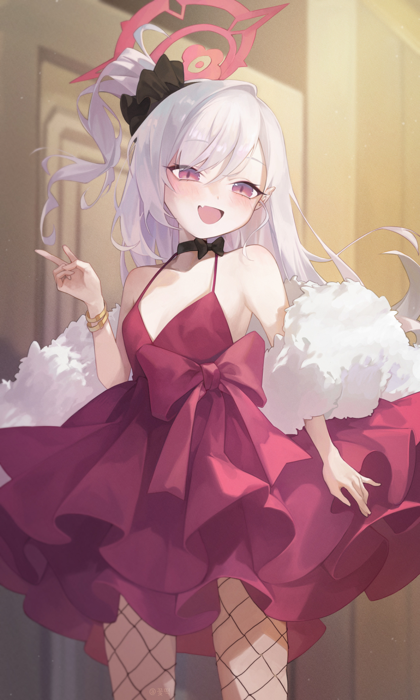 1girl, :d, bare_shoulders, belt, black_scrunchie, blue_archive, bracelet, cowboy_shot