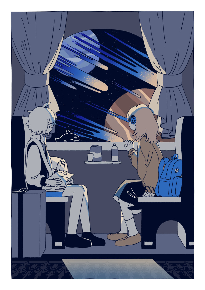 2girls, absurdres, ahoge, backpack, bag, black_footwear, black_jacket, black_skirt