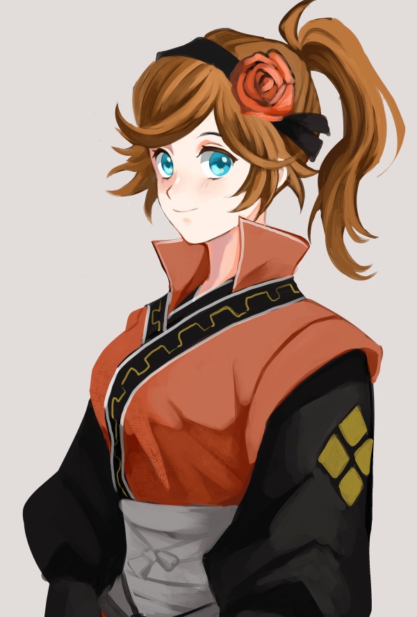 1girl, agnea_bristarni, alternate_hairstyle, black_hairband, blue_eyes, brown_hair, closed_mouth, cosplay, flower, grey_background, hair_flower, hair_ornament, hairband, high_ponytail, hikari_ku, hikari_ku_(cosplay), looking_at_viewer, medium_hair, octopath_traveler, octopath_traveler_ii, osgt_pic, ponytail, red_flower, red_rose, rose, simple_background, smile, solo, upper_body