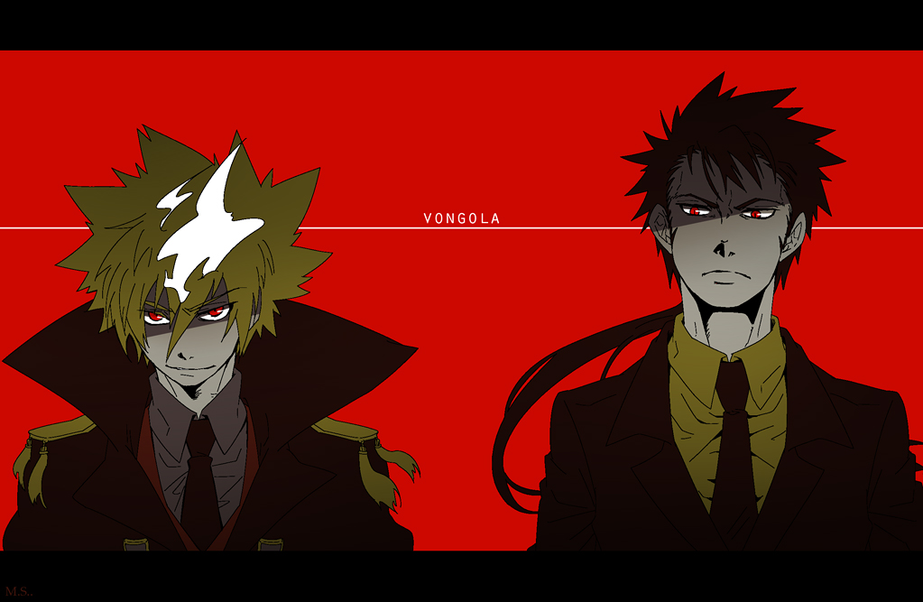 2boys, black_hair, blonde_hair, fire, formal_clothes, giotto_(reborn), jacket, katekyo_hitman_reborn!, long_hair, multiple_boys, necktie, ponytail, red_eyes, ricardo_(reborn), sawada_ieyasu, short_hair, sideburns, suit, vongola_secondo