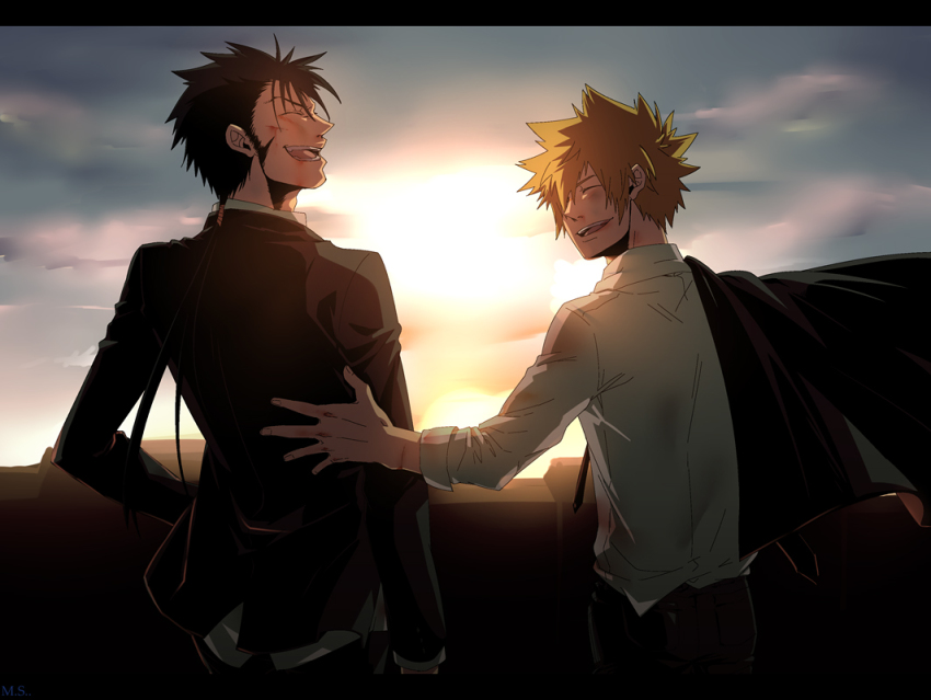 2boys, black_hair, blonde_hair, collared_shirt, formal_clothes, jacket, katekyo_hitman_reborn!, laughing