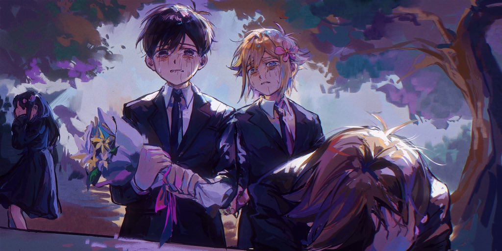 1girl, 3boys, aubrey_(faraway)_(omori), aubrey_(omori), basil_(faraway)_(omori), basil_(omori), black_hair, black_suit