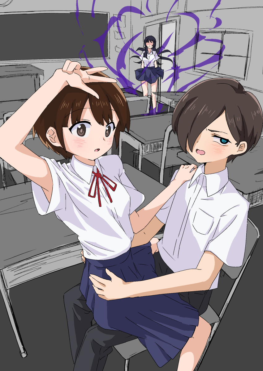 1boy, 2girls, aura, black_hair, blue_eyes, blush, boku_no_kokoro_no_yabai_yatsu, brown_hair, classroom, collared_shirt, commentary, dark_aura, grey_eyes, hair_over_one_eye, highres, ichikawa_kyoutarou, jealous, kobayashi_chihiro_(bokuyaba), long_hair, looking_at_viewer, multiple_girls, netorare, open_mouth, papiyon1297, partially_colored, reverse_netorare, school_uniform, shaded_face, shirt, short_hair, sitting, sitting_on_lap, sitting_on_person, skirt, straddling, upright_straddle, v, white_shirt, yamada_anna