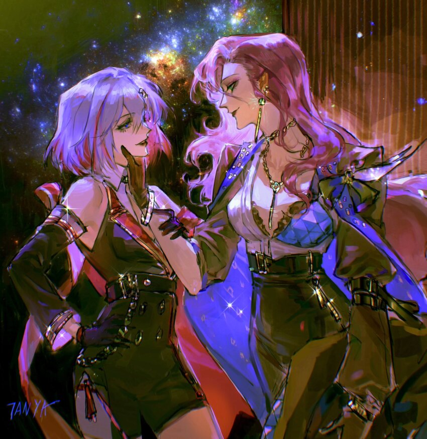 2girls, belt, black_gloves, black_unitard, buckle, cleavage_cutout, clothing_cutout, detached_sleeves, earrings, gloves, grey_hair, highres, honkai:_star_rail, honkai_(series), jade_(honkai:_star_rail), jewelry, long_hair, long_sleeves, looking_at_another, multicolored_hair, multiple_girls, necklace, pink_hair, red_hair, split-color_hair, streaked_hair, tanyaf2022, topaz_(honkai:_star_rail), two-tone_hair, unitard