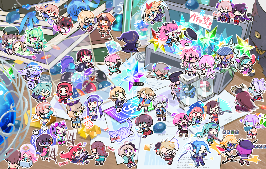 ?, animal, animal_on_head, asakura_karen_(heaven_burns_red), black_cat, blonde_hair, blue_eyes, blue_flower, blue_hair, book, brown_hair, candy, carole_reaper, cat, cat_on_head, character_request, chibi, closed_eyes, earrings, easel, eye_mask, flower, food, gem, glasses, green_eyes, green_hair, grey_hair, hair_ornament, hair_over_eyes, hairband, hat, heaven_burns_red, highres, jewelry, key, kusarukusa, mask, multiple_girls, musical_note, on_head, one_eye_closed, open_mouth, pink_eyes, pink_hair, purple_eyes, purple_hair, red_hair, smile, speech_bubble, spoken_question_mark, triangle_earrings, white_cat, witch_hat