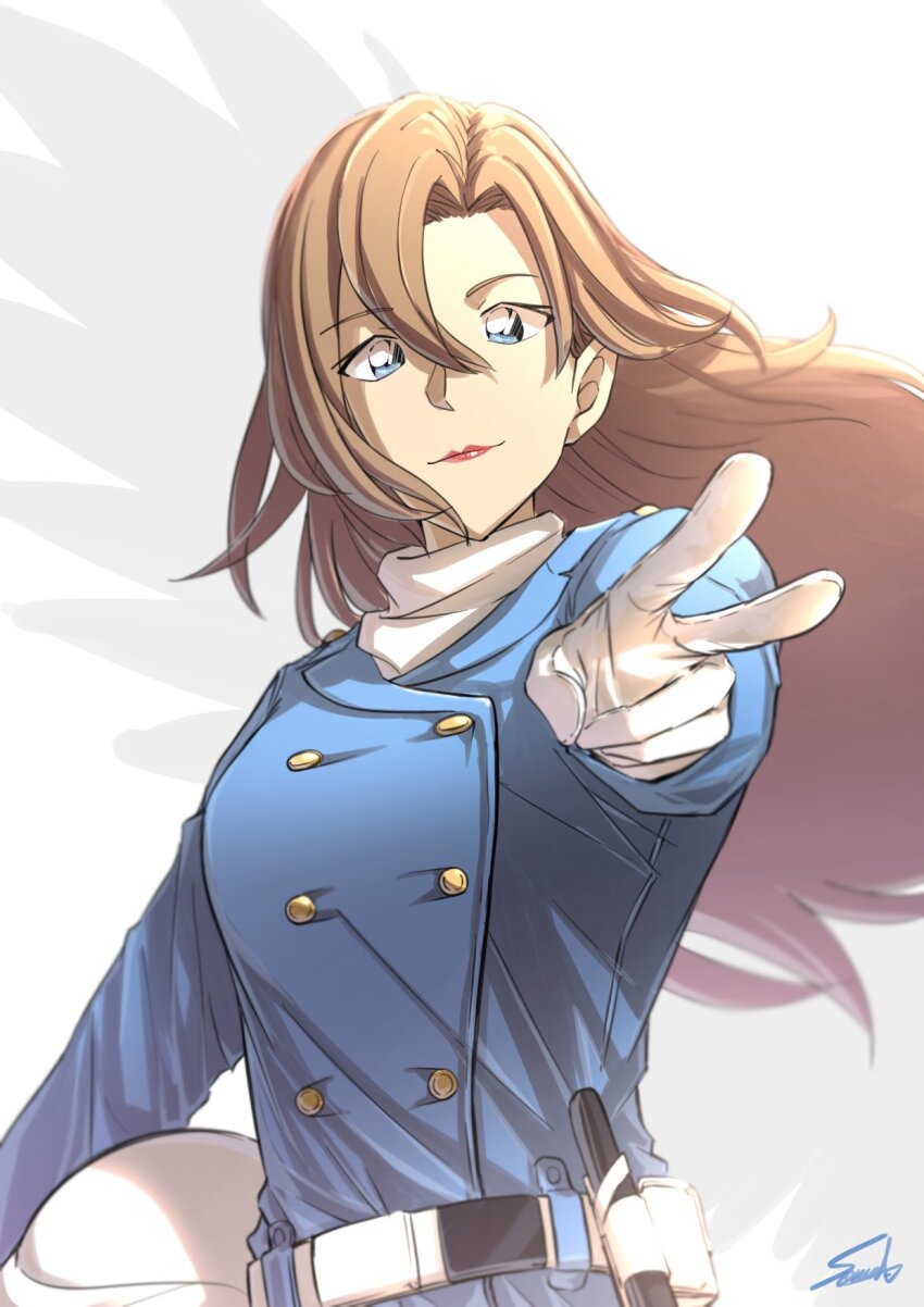 1girl, belt, blue_eyes, brown_hair, buttons, commentary_request, gloves, hagiwara_chihaya, hair_between_eyes, hand_on_own_hip, highres, japan_national_police, light_brown_hair, long_hair, looking_at_viewer, meitantei_conan, police, police_uniform, policewoman, red_lips, solo, sooma4869, turtleneck, upper_body, v, white_gloves, wings