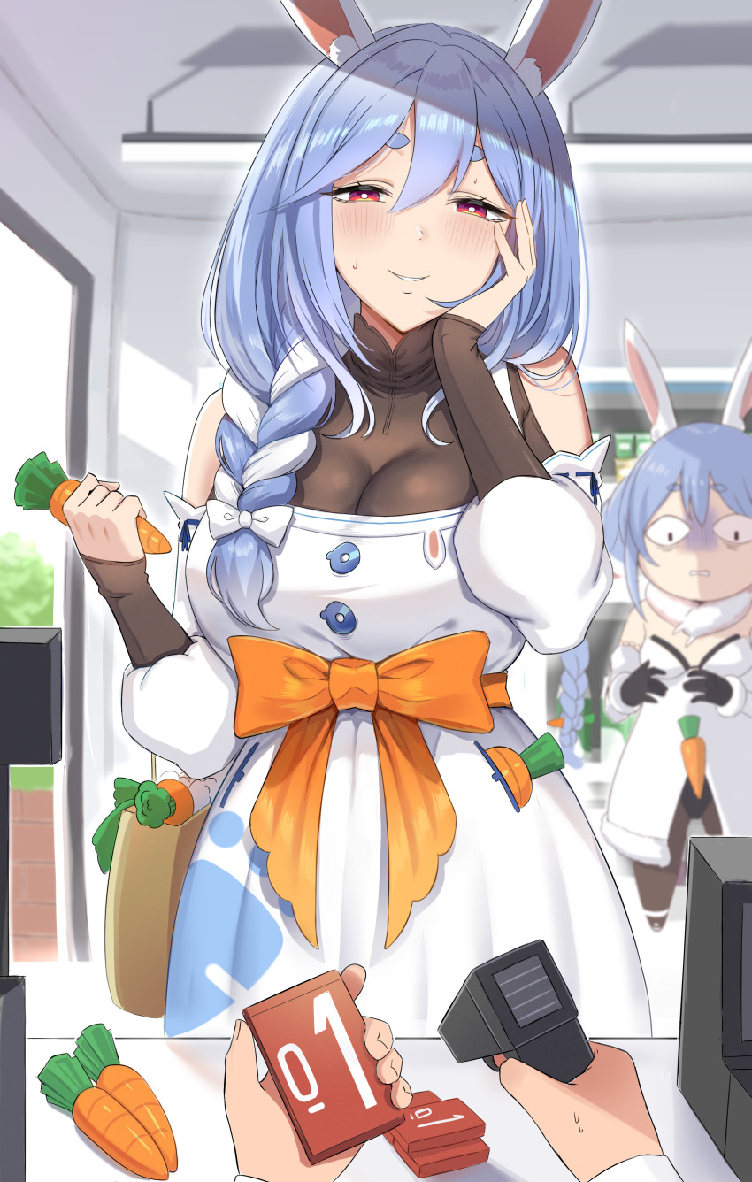 1other, 2girls, absurdres, animal_ear_fluff, animal_ears, apron, bag, barcode_scanner