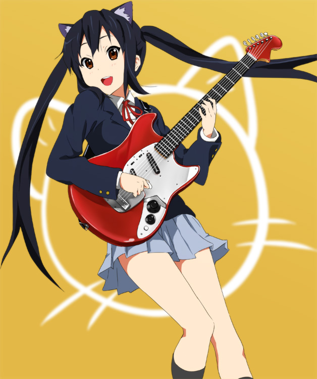 animal_ears, blue_hair, brown_eyes, cat_ears, guitar, instrument, k-on!, nakano_azusa