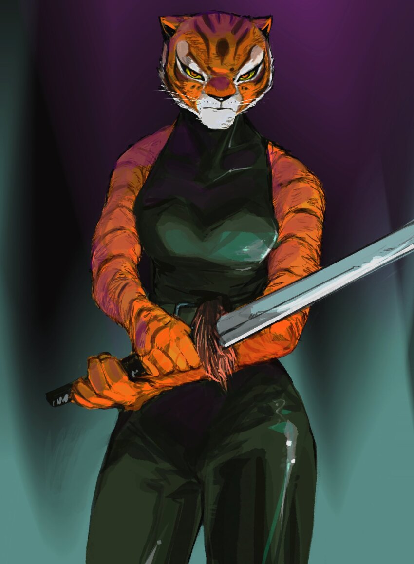 ab_roccoli, black_pants, black_tank_top, cosplay, high-waist_pants, highres, holding, holding_sword