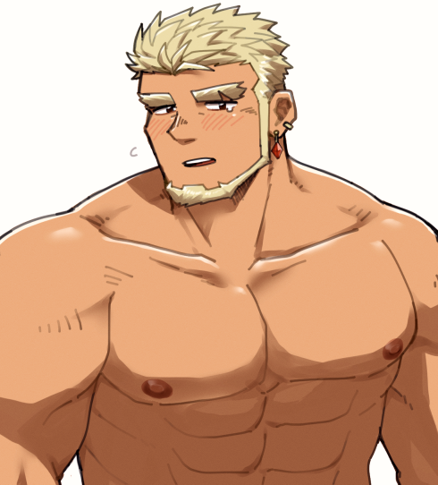1boy, abs, bara, beard, blonde_facial_hair, blonde_hair, blush, collarbone