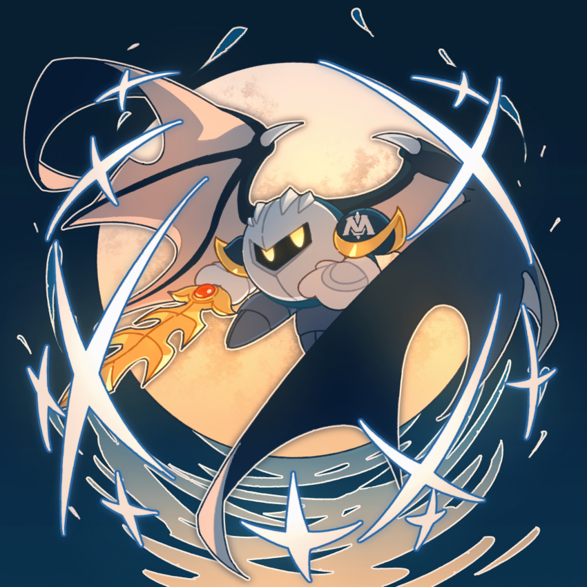 1boy, absurdres, armor, aura, blue_background, commentary, floating, full_moon, galaxia_(sword), glef_life, gloves, highres, holding, holding_sword, holding_weapon, huge_moon, kirby_(series), meta_knight, moon, nintendo, pauldrons, shoulder_armor, sword, weapon, white_gloves, wings, yellow_eyes