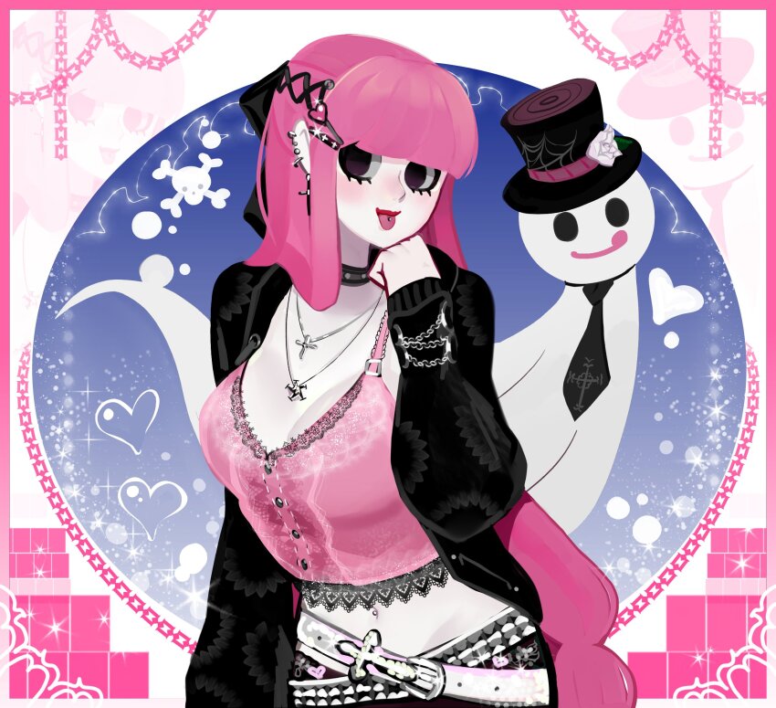 1girl, :q, belt, black_hat, black_necktie, blue_background, blunt_bangs, border