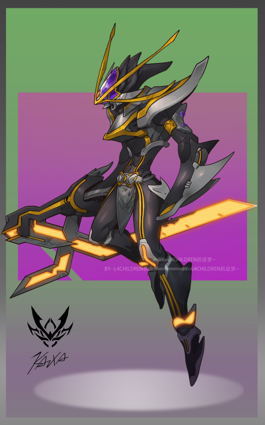 1boy, armor, artist_name, belt, bodysuit, border, character_name, claws, dated, full_body, gloves, glowing, glowing_eyes, helmet, highres, holding, holding_sword, holding_weapon, horns, kaixa_blaygun, kamen_rider, kamen_rider_555, kamen_rider_kaixa, looking_at_viewer, male_focus, mecha, monsterification, no_humans, open_mouth, purple_eyes, rcj, robot, science_fiction, signature, solo, sword, teeth, weapon