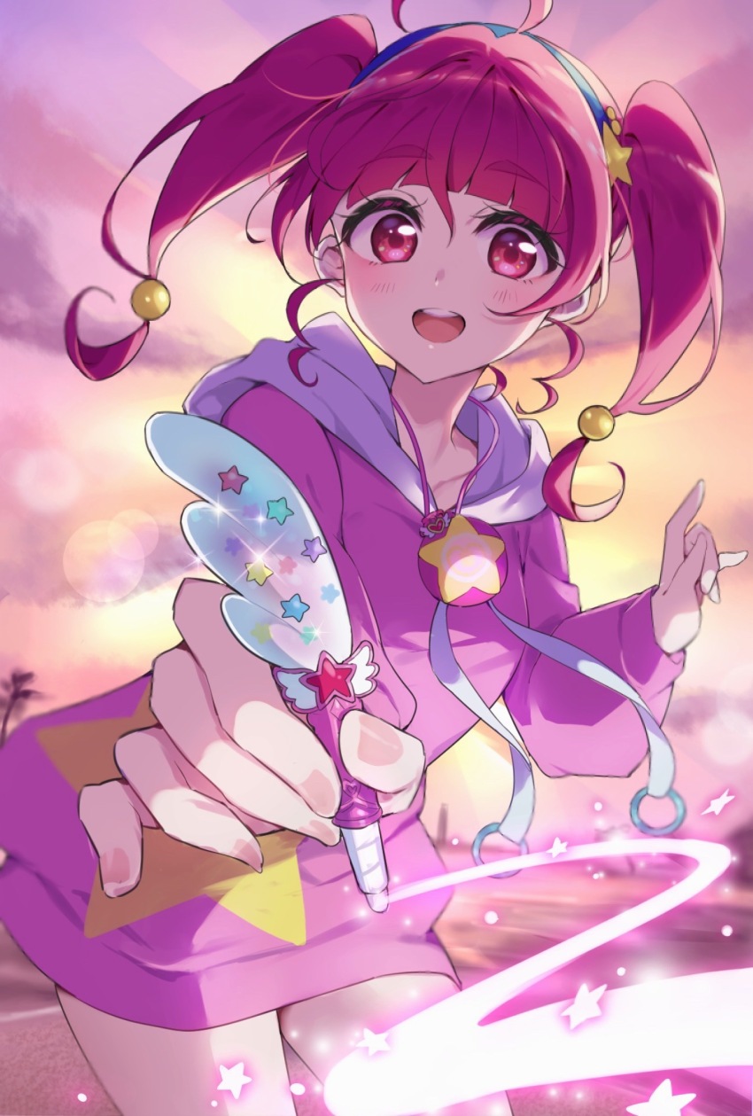 1girl, blue_hairband, cloud, cloudy_sky, commentary, gradient_sky, hair_bobbles, hair_ornament