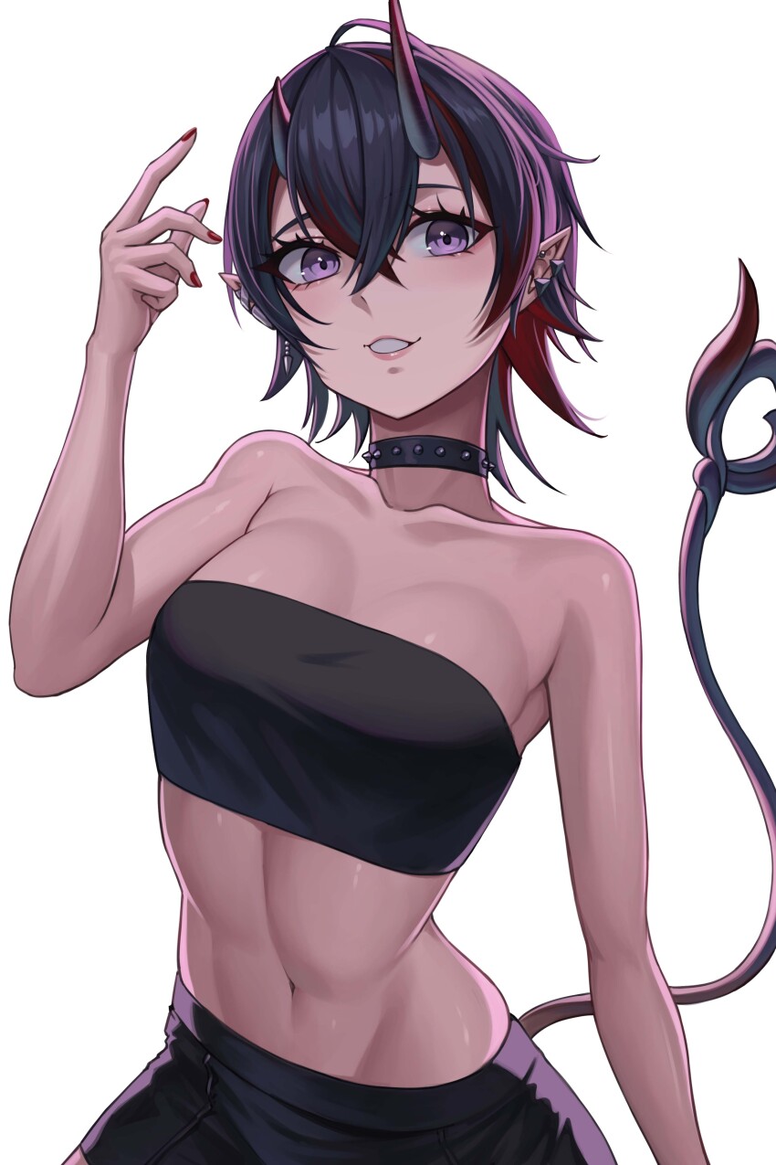 1girl, absurdres, ahaha_kun, asymmetrical_horns, black_choker, black_hair, black_horns, black_shorts, black_tube_top, breasts, choker, collarbone, commentary_request, cowboy_shot, demon_girl, demon_horns, demon_tail, earrings, fingernails, grin, hair_between_eyes, hand_up, highres, horns, jewelry, looking_at_viewer, medium_breasts, midriff, multicolored_hair, nanashi_inc., navel, pointy_ears, purple_eyes, red_nails, ryugasaki_rene, ryugasaki_rene_(4th_costume), short_hair, shorts, simple_background, smile, solo, strapless, tail, tube_top, virtual_youtuber, white_background