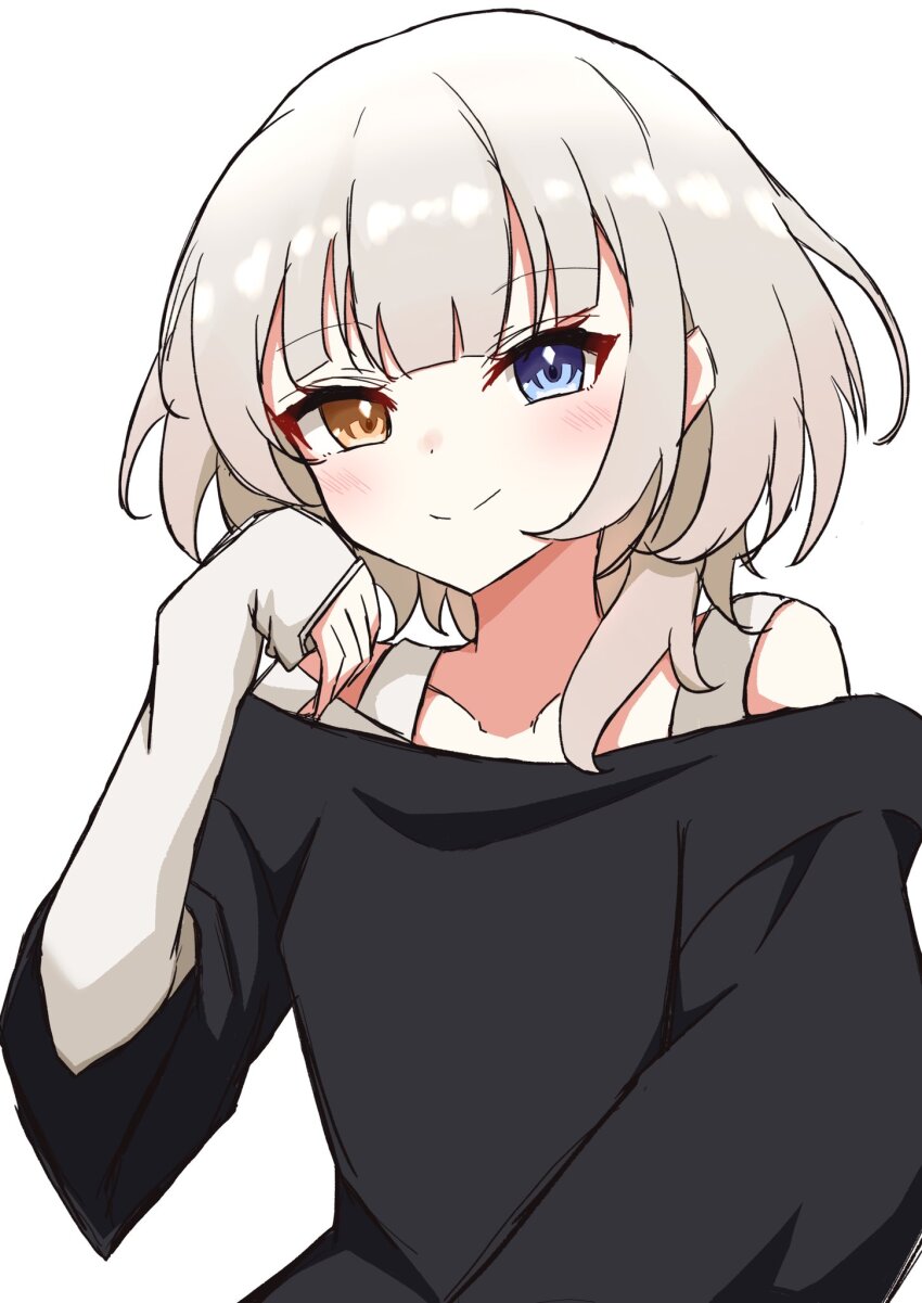 1girl, bang_dream!, bang_dream!_it's_mygo!!!!!, black_shirt, blue_eyes, blush, closed_mouth, collarbone, head_rest, heterochromia, highres, kaname_raana, layered_sleeves, long_sleeves, looking_at_viewer, medium_hair, off_shoulder, shirt, short_over_long_sleeves, short_sleeves, simple_background, sleeves_past_wrists, smile, solo, tunakou27, variant_set, white_background, white_hair, white_shirt, yellow_eyes