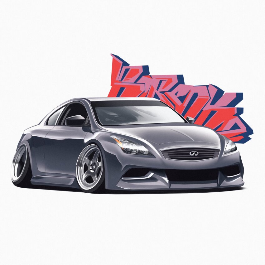 car, commission, graffiti, grey_background, highres, infiniti_(company), infiniti_g37, making-of_available