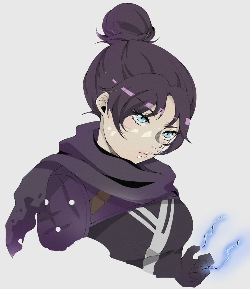 1girl, animification, apex_legends, black_bodysuit, black_gloves, black_hair, black_scarf, blue_eyes