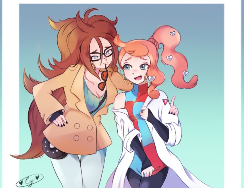 2girls, android_21, android_21_(cosplay), aqua_eyes, aqua_nails, aqua_shirt, black-framed_eyewear, black_nails