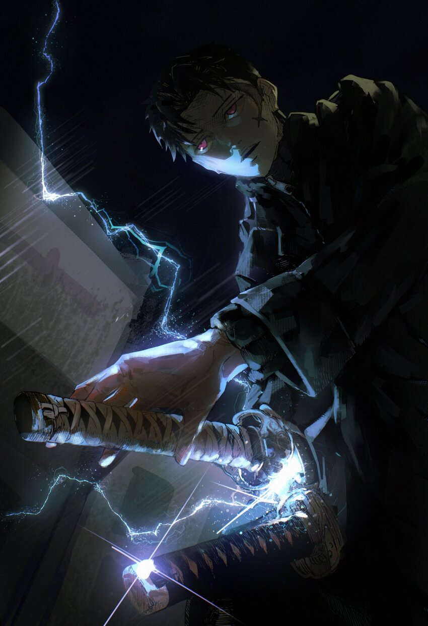 1boy, black_hair, black_jacket, dark_background, drawing_sword, from_below, highres, holding, holding_sword, holding_weapon, jacket, kagurabachi, katana, kusunokicolors, lightning, rokuhira_chihiro, rokuhira_kunishige, scar, scar_on_face, sword, weapon
