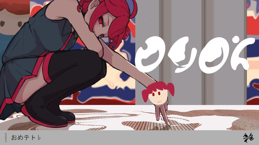 1girl, abstract_background, absurdres, ahoge, arm_on_knee, black_boots, black_shirt, black_skirt, boots, breasts, collared_shirt, covered_mouth, drill_hair, finger_puppet, finger_walking, from_side, glowing, glowing_eyes, half-closed_eyes, highres, honto_no_(utau), kasane_teto, kasane_teto_(utau), large_breasts, looking_at_viewer, miniskirt, no_detached_sleeves, outstretched_arm, pleated_skirt, puppet, red_eyes, red_hair, ringed_eyes, shirt, skirt, sleeveless, sleeveless_shirt, solo, squatting, thigh_boots, translation_request, twin_drills, utau, wyawon